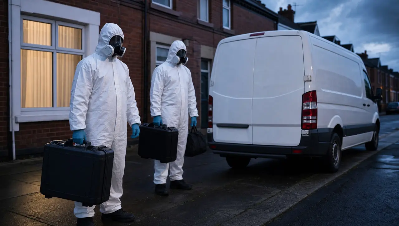 Certified biohazard cleaning technicians in full PPE ready for response across the North East