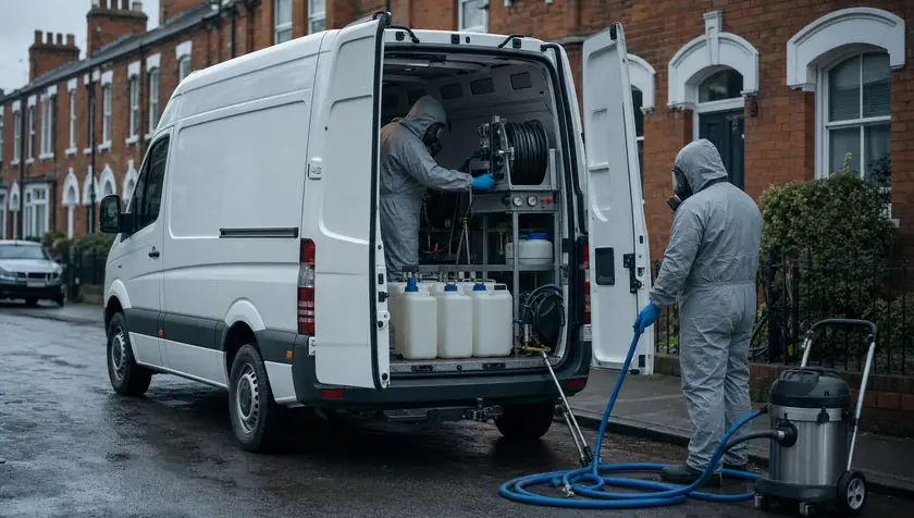 An unmarked white van with blank panels and open rear doors showing organised specialist decontamination equipment.