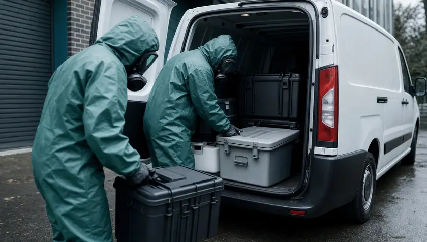 Biohazard technicians loading sealed disposal containers back into a blank-panelled van at the end of a job.