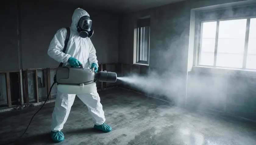 A technician treating a decontaminated room with antimicrobial fogging equipment mid-process.