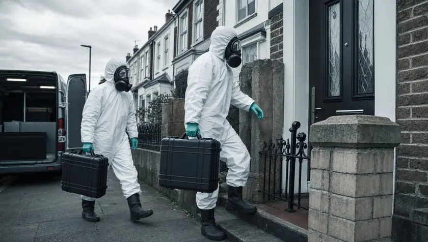 Certified biohazard technicians in full white PPE and respirators carrying sealed equipment cases to a Washington property.