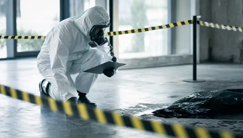 A biohazard technician assessing a cordoned contaminated interior floor marked with hazard tape before decontamination.