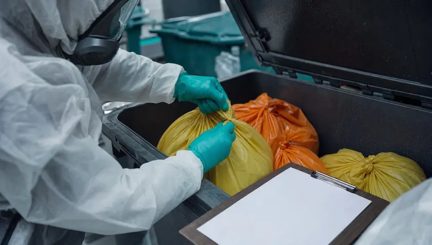 Gloved hands sealing yellow clinical waste bags into a rigid disposal container beside a blank clipboard.