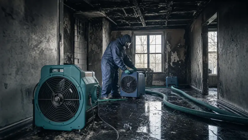 Smoke-odour treatment equipment running in a fire-damaged room.