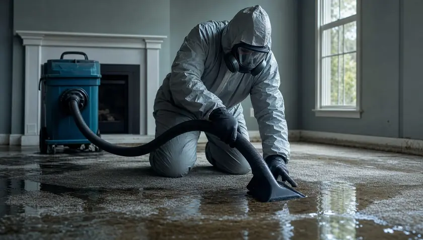 A technician extracting flood water from a soaked carpeted floor with equipment.