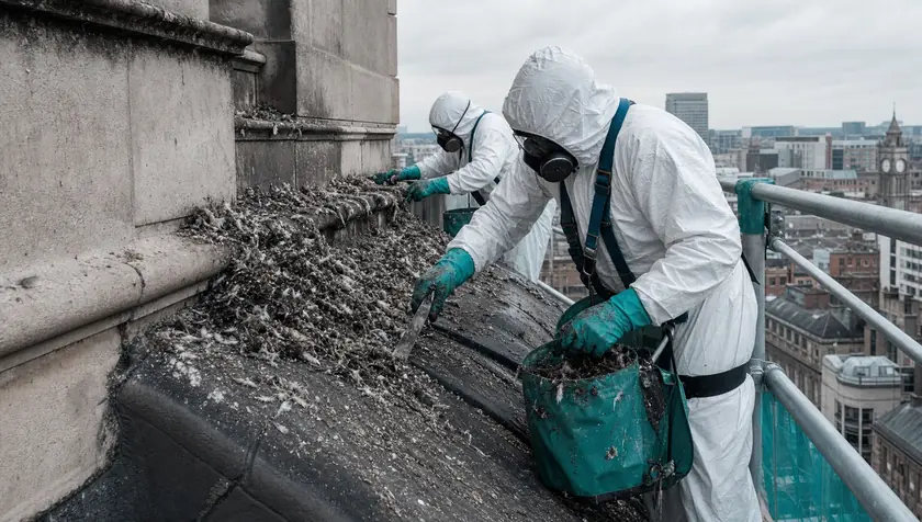 Heavy pigeon guano build-up with droppings and feathers on a building ledge and roof.