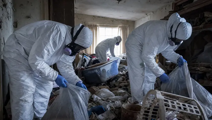 Technicians in PPE clearing and bagging clutter from a hoarded room.