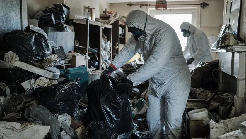 A genuinely hoarded room interior with overflowing bin bags, loose rubbish, old newspapers, mixed clutter and dust on surfaces.
