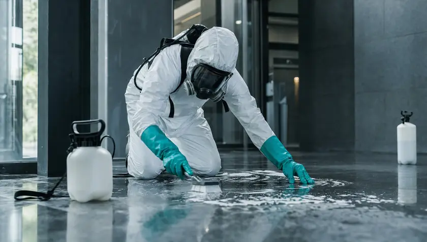 A technician decontaminating a contaminated hard floor area with professional product.