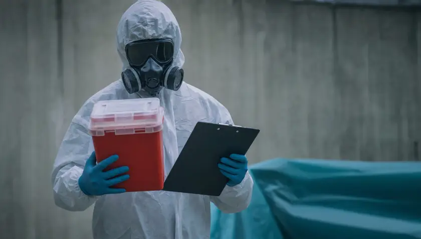 Gloved hands holding a sealed sharps container beside a plain clipboard.