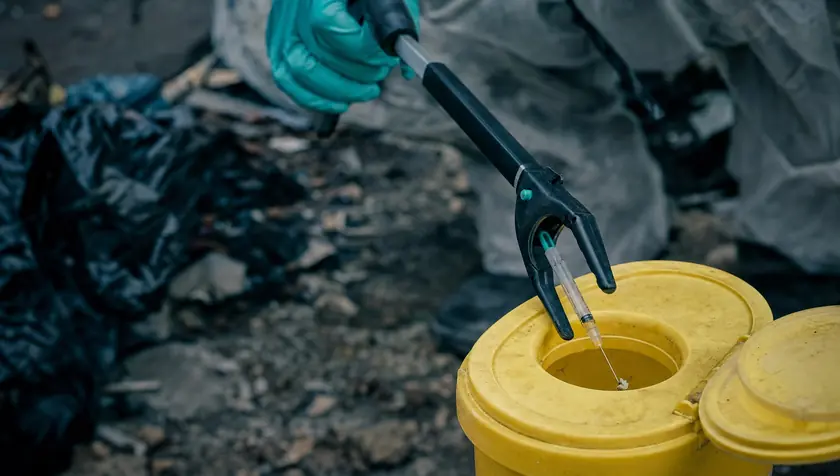 Close detail of a discarded needle being placed into a rigid yellow sharps box with a litter picker.
