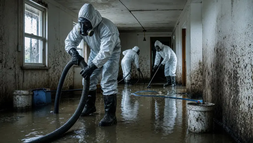 A sewage-contaminated flooded ground-floor room interior with dirty standing water, serious.