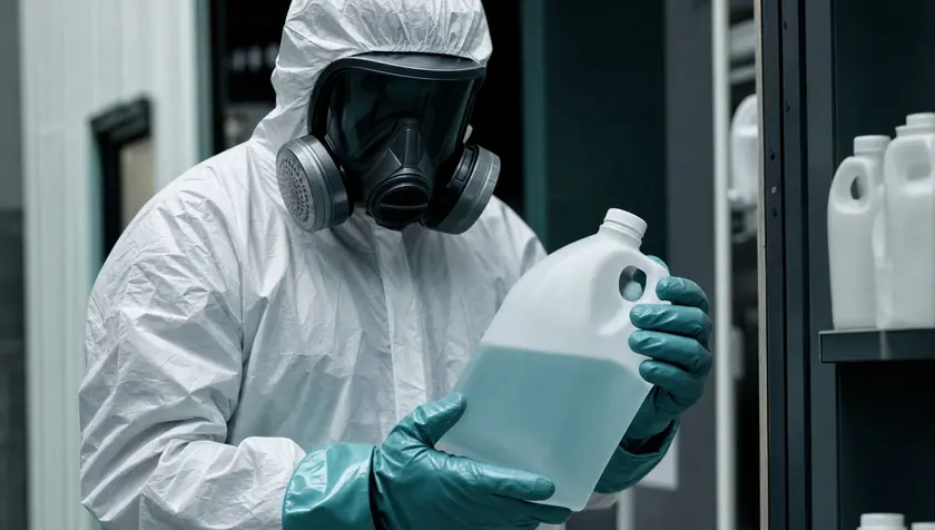 Close detail of a technician in protective coveralls and respirator holding professional-strength disinfectant.