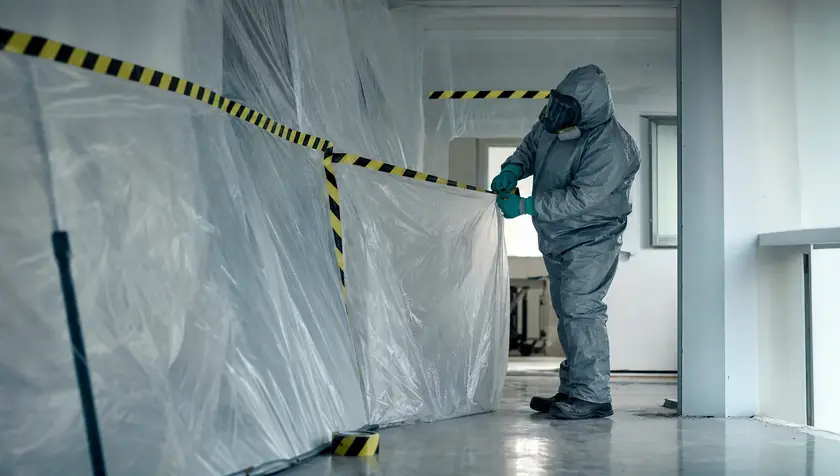 A technician setting up containment sheeting and hazard tape around a cordoned interior area.